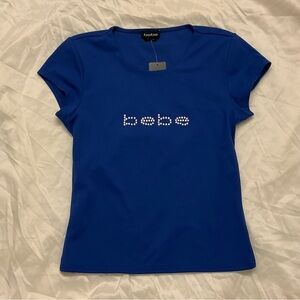 bebe Surf The Web Blue Rhinestone Logo Tee